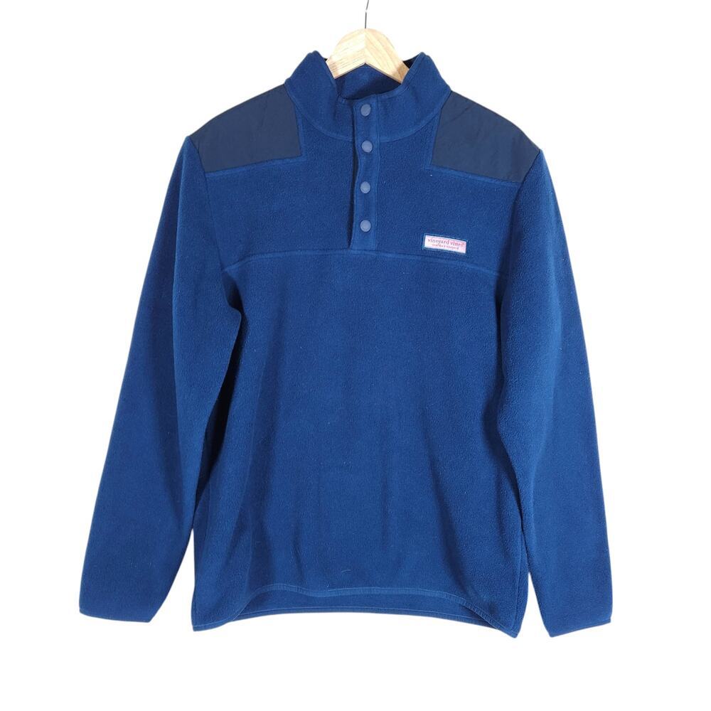 Vineyard Vines Mens Pullover Medium Blue Fleece Snapfront Whale Logo Preppy Warm